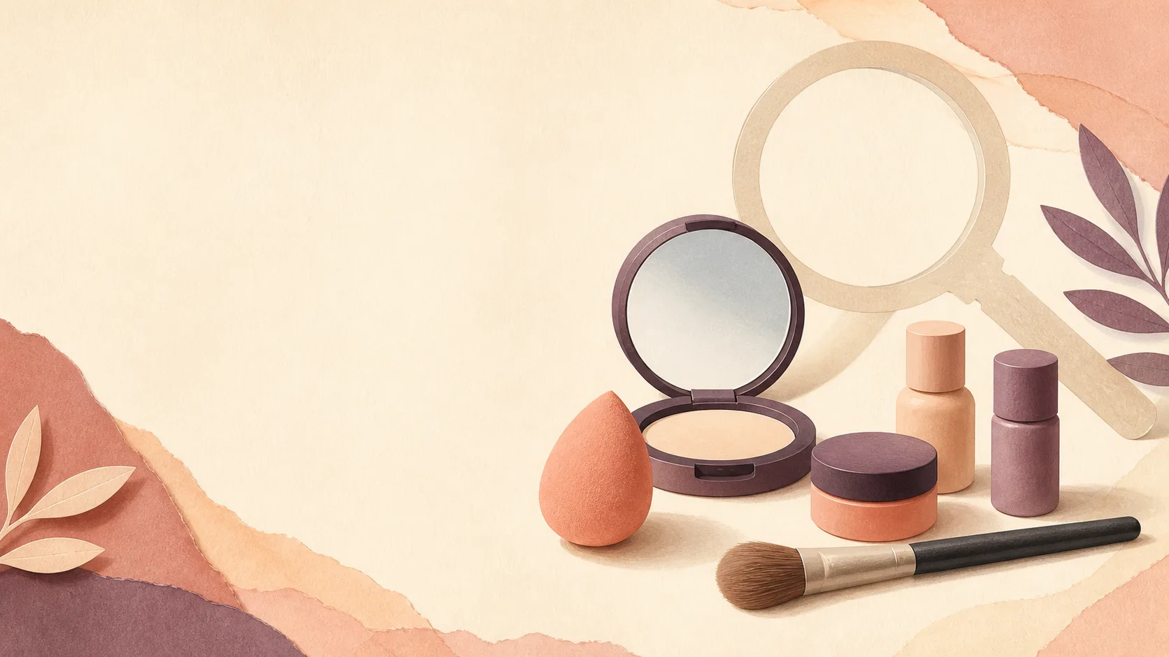 An open compact mirror, makeup sponge, brush, and unbranded cosmetic containers arranged beside a magnifying glass.