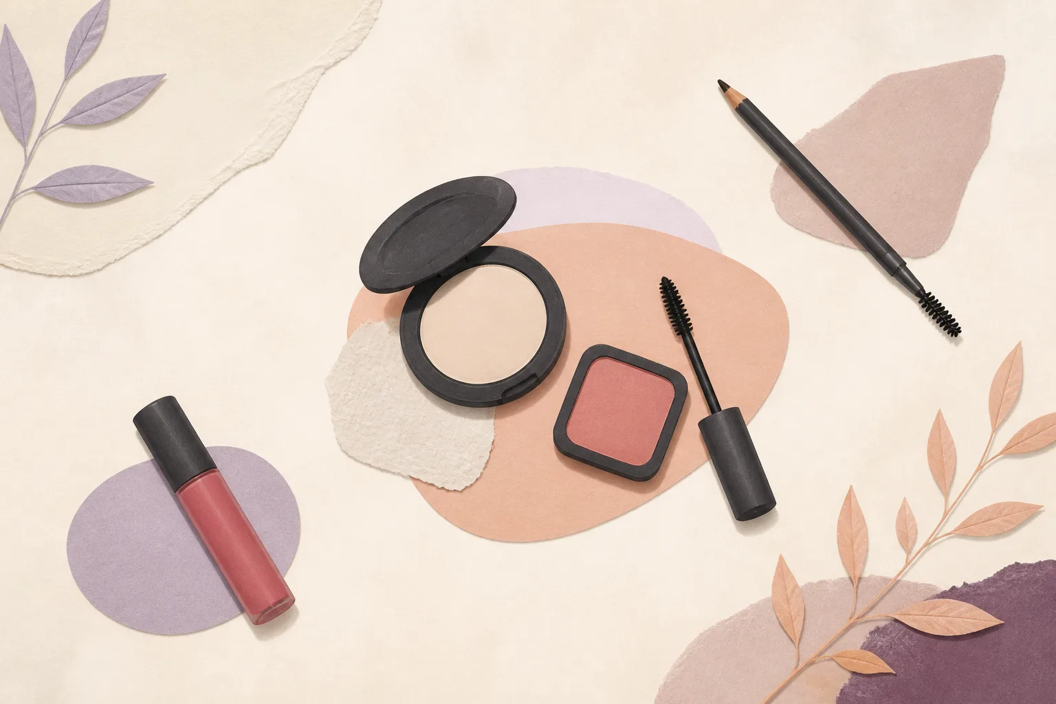 A product-neutral flat lay of a compact, blush, mascara, brow pencil, and lip color arranged as optional beginner makeup categories.