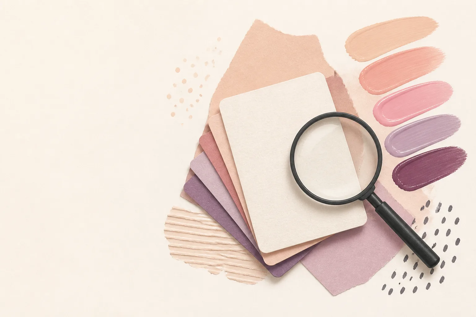Blank reference cards, a magnifying glass, and abstract makeup swatches in muted rose and plum tones.