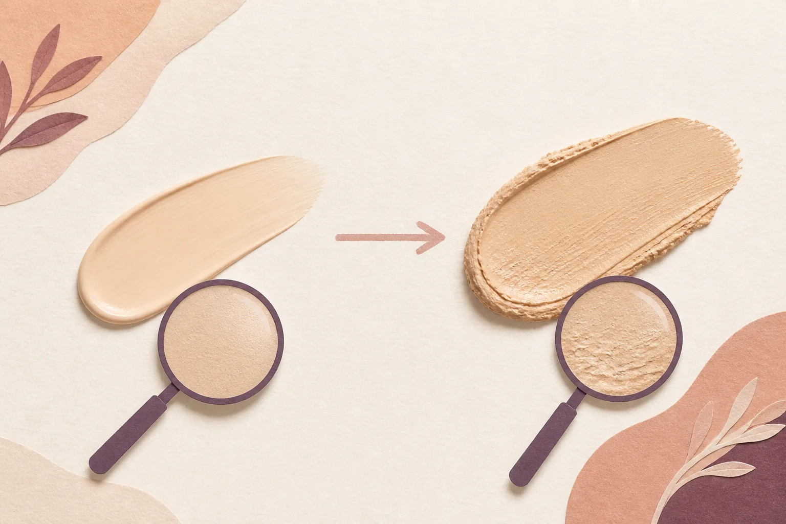 A thin smooth makeup swatch and a thicker textured swatch shown side by side with magnifying glasses.
