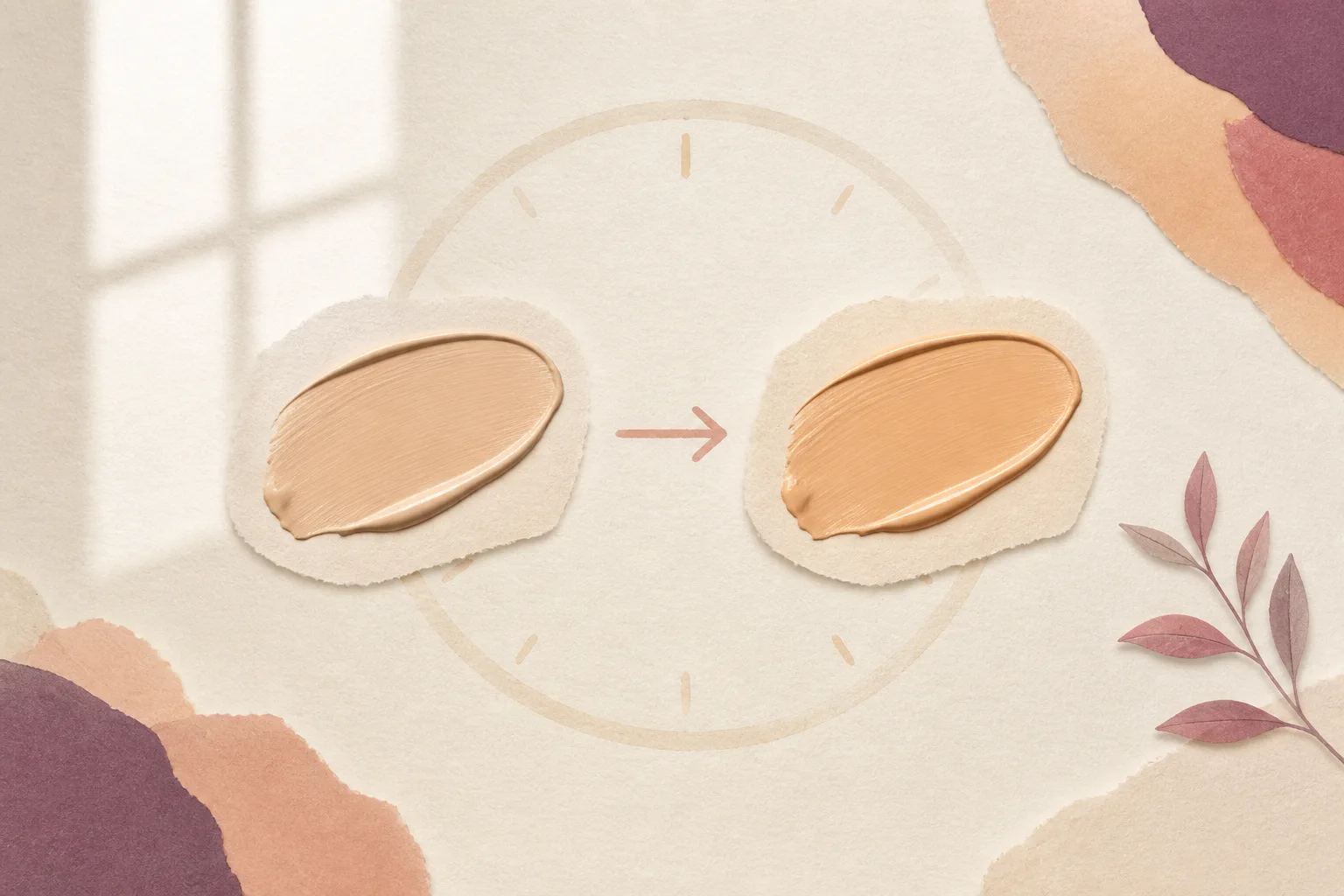 Two otherwise matching makeup swatches shown at different moments, one appearing slightly warmer.