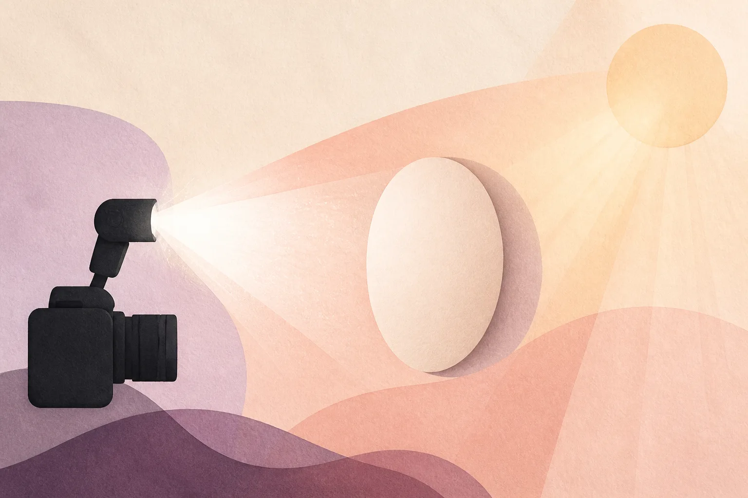 An abstract camera flash and daylight glow illuminating a featureless face-shaped oval.