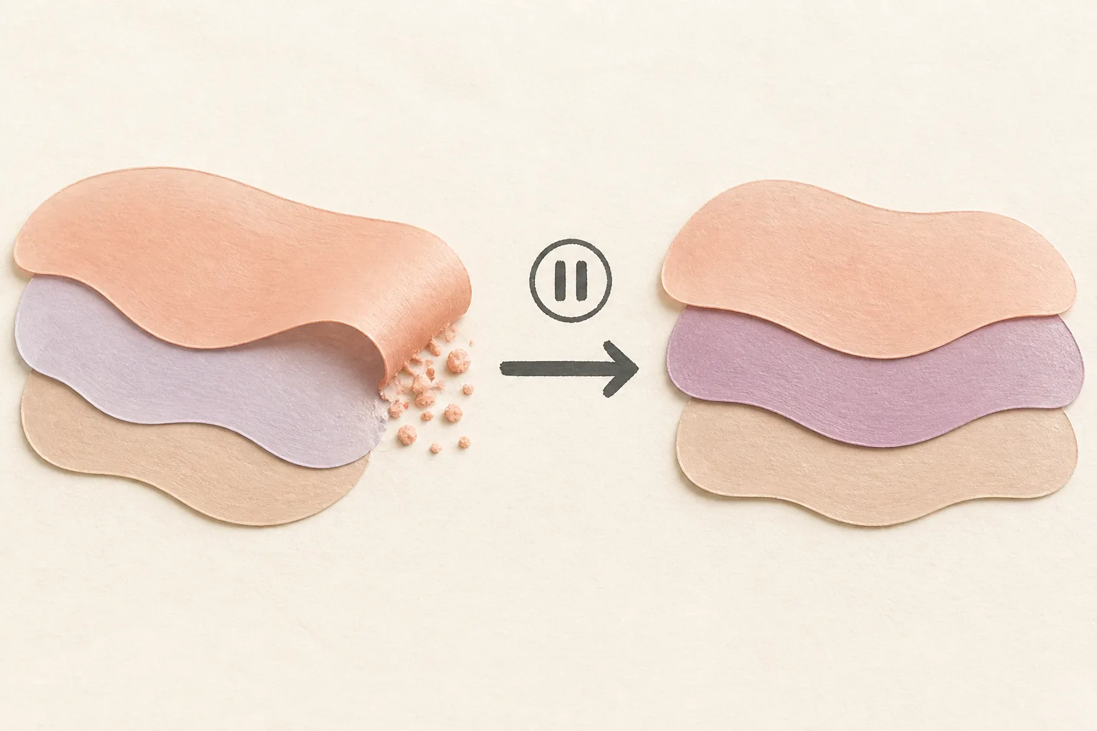 Three soft makeup layers with a small area of tiny rolled beads, followed by a calmer layered arrangement.