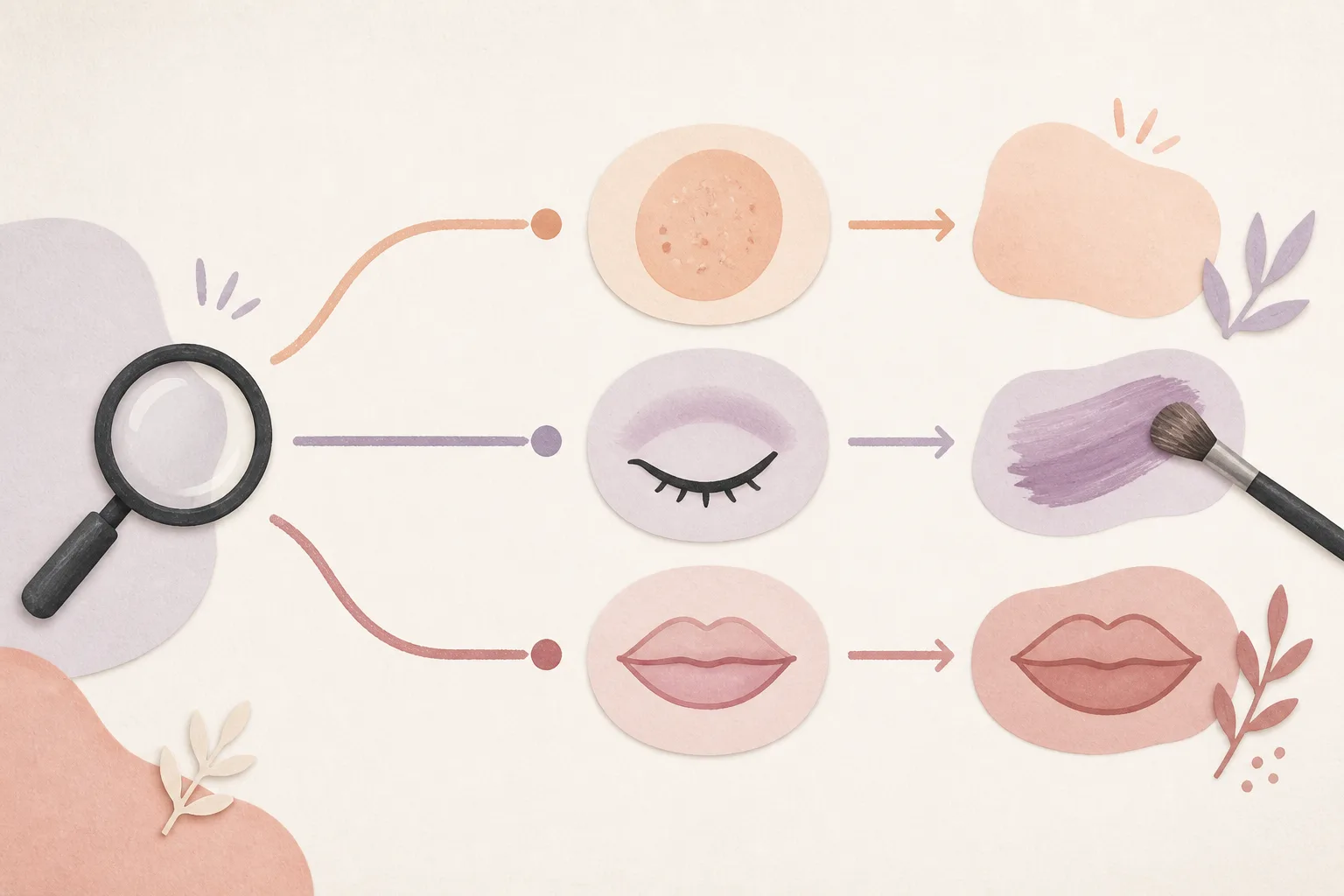 A magnifying glass with three illustrated paths representing face, eye, and lip makeup concerns.